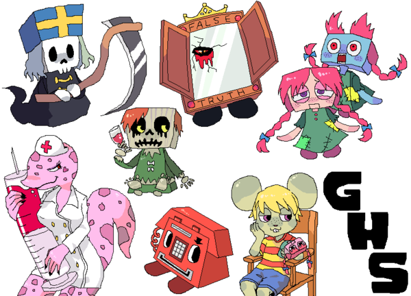 :o alcohol bad_id bad_pixiv_id black_eyes blonde_hair blood blue_skin braid broken_mirror buttons capcom catherine_(gregory_horror_show) catherine_karte chair colored_skin copyright_name corpse cup dead_body_(gregory_horror_show) death death_(gregory_horror_show) doll dress drink drinking_glass english_text everyone fingernails freckles gregory_horror_show grey_skin hat head_rest holding james james_(gregory_horror_show) lizard long_fingernails long_hair lost_doll mirror mirror_man mouse_(animal) multiple_boys multiple_girls naughty_face no_eyes nurse nurse_cap o_o open_mouth orange_hair parted_bangs phone pink_hair pink_skin public_phone purple_eyes red_eyes robe scales scythe shirt shoes short_dress short_hair shorts silver_hair simple_background sitting skeleton smile squinting standing striped_clothes striped_shirt syringe t-shirt tail twin_braids very_long_hair weapon white_background wine wine_glass yellow_eyes