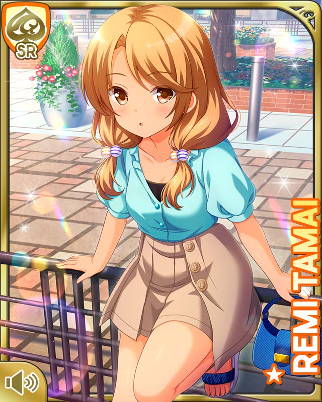 1girl :o brown_eyes brown_hair brown_skirt card_(medium) city day girlfriend_(kari) green_shirt looking_at_viewer low_twintails official_art open_mouth outdoors qp:flapper shirt skirt solo standing sunburn tagme tamai_remi twintails