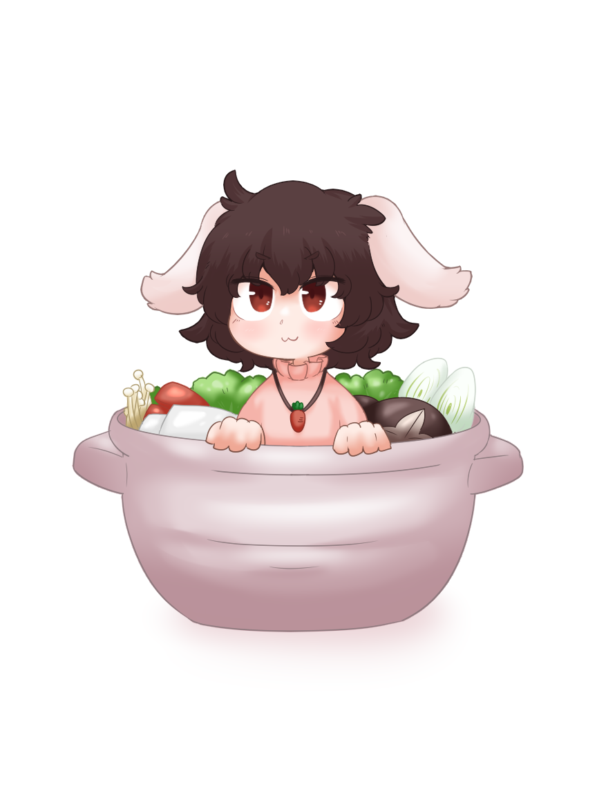 1girl :3 animal_ears black_hair blackbad blush brown_eyes carrot_necklace dress inaba_tewi jewelry nabe necklace pink_dress rabbit_ears rabbit_girl salad salad_bowl short_hair solo touhou