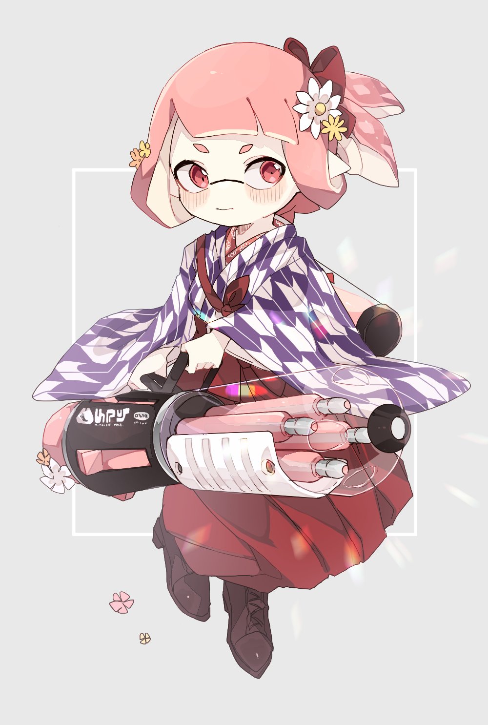 1girl ballpoint_splatling_(splatoon) blush boots bow brown_boots closed_mouth commentary_request flower full_body grey_background hair_bow hair_flower hair_ornament hakama hakama_skirt highres hikimayu holding holding_weapon ika_esu ink_tank_(splatoon) inkling inkling_girl inkling_player_character japanese_clothes kimono long_sleeves nintendo no_nose pink_eyes pink_hair pointy_ears print_kimono purple_kimono red_bow red_hakama short_hair skirt smile solo splatoon_(series) suction_cups tentacle_hair weapon white_flower wide_sleeves yagasuri yellow_flower