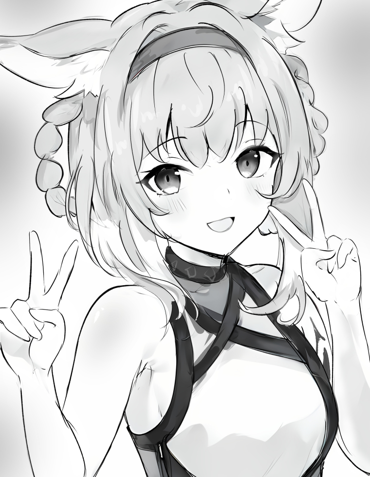 1girl :d animal_ears arknights bare_shoulders commentary double_v greyscale hair_rings hairband infection_monitor_(arknights) medium_hair monochrome open_mouth raifu_(rf) shirt sketch sleeveless sleeveless_shirt smile solo suzuran_(arknights) upper_body v