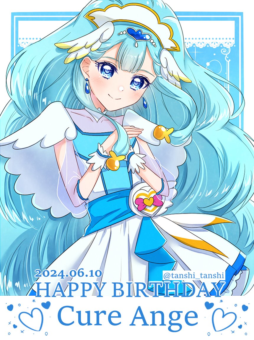 1girl blue_eyes blue_hair blue_wrist_cuffs blush brooch character_name cure_ange dated dress earrings happy_birthday hat heart heart_pouch hugtto!_precure jewelry lipstick long_hair looking_at_viewer magical_girl makeup nurse_cap precure see-through_clothes see-through_sleeves smile solo tanshi_tanshi twitter_username upper_body very_long_hair wrist_cuffs yakushiji_saaya
