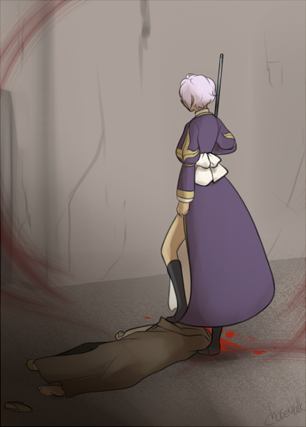 1girl 1other alternate_color black_socks blood blood_splatter chasewalk corpse death dress from_behind full_body high_priest_(ragnarok_online) holding holding_staff juliet_sleeves long_sleeves murder puffy_sleeves purple_dress ragnarok_online short_hair socks staff standing white_hair