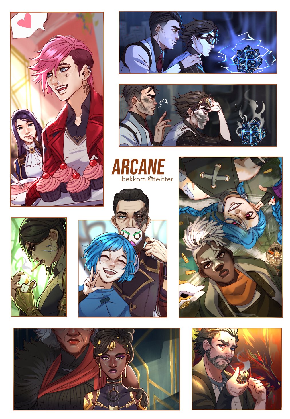 4boys 6+girls :d ambessa_medarda arcane:_league_of_legends arcane_caitlyn arcane_jayce arcane_jinx arcane_vi arm_tattoo armor artist_name beard bekkomi brown_hair brown_jacket brown_shirt bullet caitlyn_(league_of_legends) character_name cherry cigarette cloud_tattoo copyright_name cup cupcake dark-skinned_female dark-skinned_male dark_skin detached_sleeves ekko_(league_of_legends) facial_hair father_and_daughter firelight_ekko food from_side fruit grey_hair grin head_out_of_frame heart highres holding holding_cup holding_lighter instant_loss jacket jayce_(league_of_legends) jinx_(league_of_legends) league_of_legends lighter long_hair looking_at_viewer lying magic mask mel_medarda mother_and_daughter multiple_boys multiple_girls neck_tattoo nose_piercing on_back open_clothes open_jacket open_mouth outside_border piercing pink_eyes pink_hair powder_(arcane) red_jacket red_scarf scar scar_across_eye scar_on_face scarf sevika_(arcane) shirt short_hair silco_(arcane) smile smoking_pipe spoilers spoken_heart striped_clothes striped_shirt tattoo teeth undercut unworn_mask upper_teeth_only vander_(arcane) vi_(league_of_legends) viktor_(arcane) viktor_(league_of_legends) warwick white_jacket
