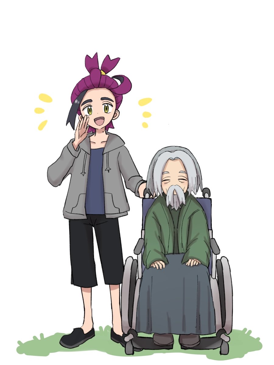 2boys :d black_hair black_pants black_shoes capri_pants commentary_request game_freak grandfather_and_grandson grass grey_jacket hand_up highres holding hood hood_down hooded_jacket jacket kieran_(pokemon) long_sleeves male_focus multicolored_hair multiple_boys nintendo notice_lines open_clothes open_jacket open_mouth pants pokemon pokemon_sv purple_hair riko_(m_momomo28) shoes short_hair sitting smile standing tongue two-tone_hair wheelchair white_background yellow_eyes yukito_(pokemon)