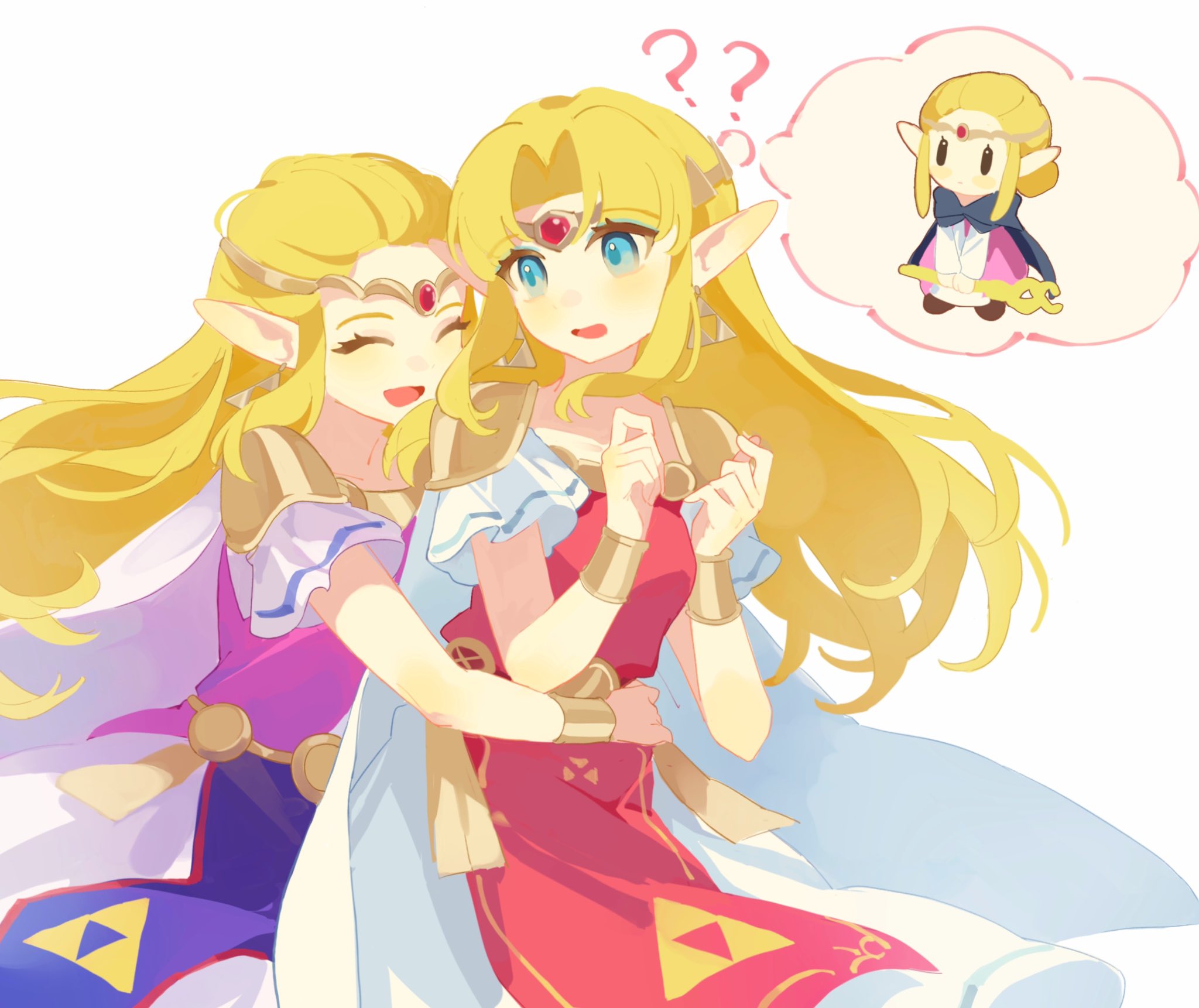 3girls armor blue_cloak blue_eyes blush bracer breasts circlet cloak closed_eyes dress gem highres holding holding_staff hug hug_from_behind long_hair medium_breasts mmmaki_0 multiple_girls nintendo parted_bangs pink_dress pointy_ears princess_zelda red_gemstone short_sleeves shoulder_armor sidelocks smile spoken_character staff the_legend_of_zelda the_legend_of_zelda:_a_link_between_worlds the_legend_of_zelda:_echoes_of_wisdom the_legend_of_zelda:_ocarina_of_time the_legend_of_zelda_ triforce white_background white_dress