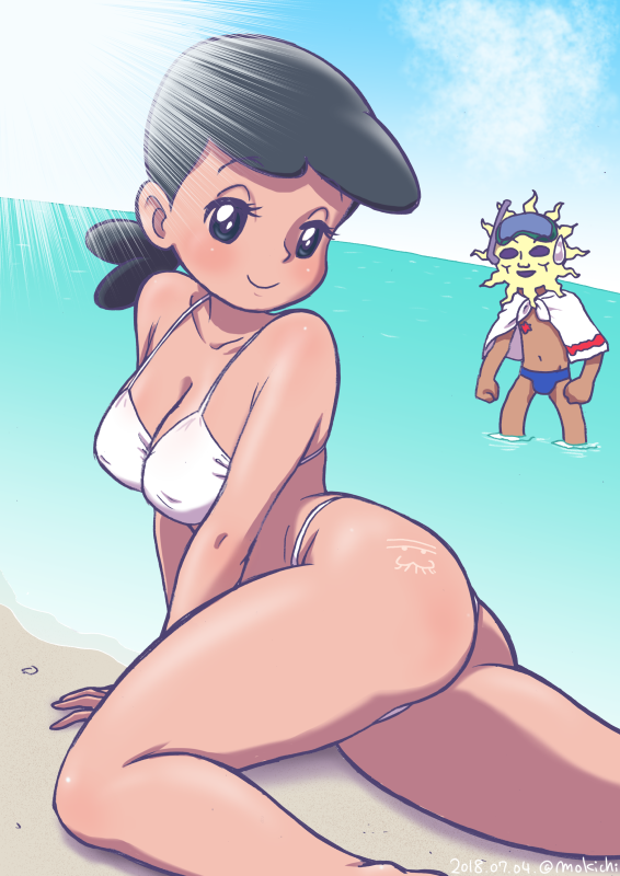 1boy 1girl bakabon&#039;s_mother bikini black_eyes black_hair blue_sky breasts capelet character_request cleavage commentary_request covered_erect_nipples dated eyelashes goggles goggles_on_head horizon large_breasts male_swimwear mask mochi-iri_kinchaku ocean osomatsu-san osomatsu_(series) sitting sky snorkel sunlight sweatdrop swim_briefs swimsuit tan tensai_bakabon twitter_username white_bikini white_capelet yokozuwari