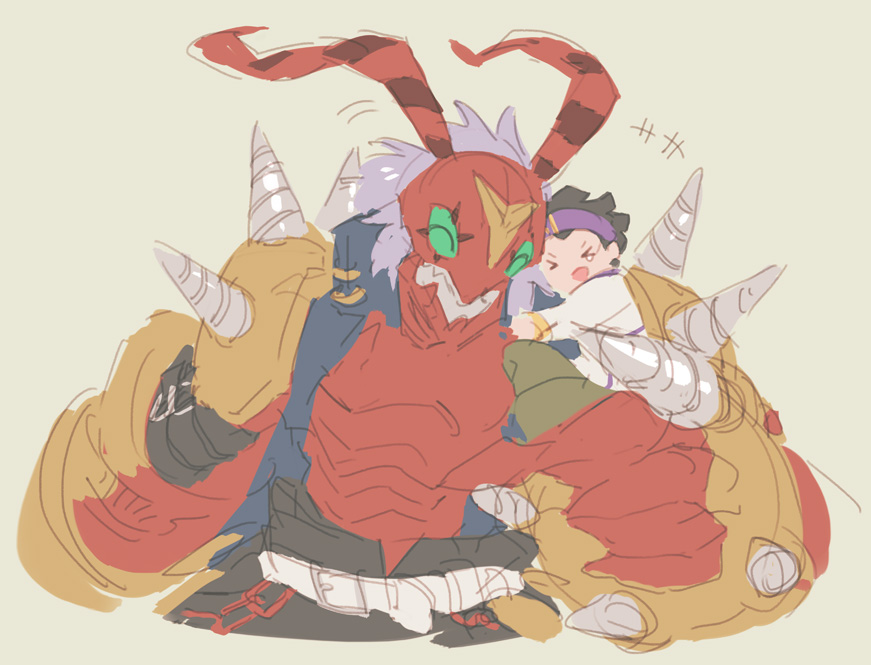 antennae banchostingmon belt closed_eyes digimon digimon_survive drill exoskeleton smile spikes tominaga_ryo