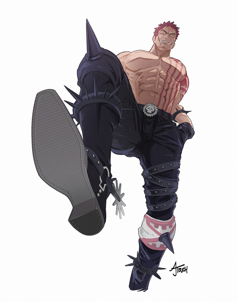1boy abs aj_touch black_gloves black_pants charlotte_katakuri chest_tattoo commentary english_commentary gloves hands_in_pockets imminent_stomping male_focus muscular muscular_male one_piece pants purple_hair sharp_teeth signature simple_background solo spiked spiked_hair stitched_mouth stitches tattoo teeth topless_male white_background