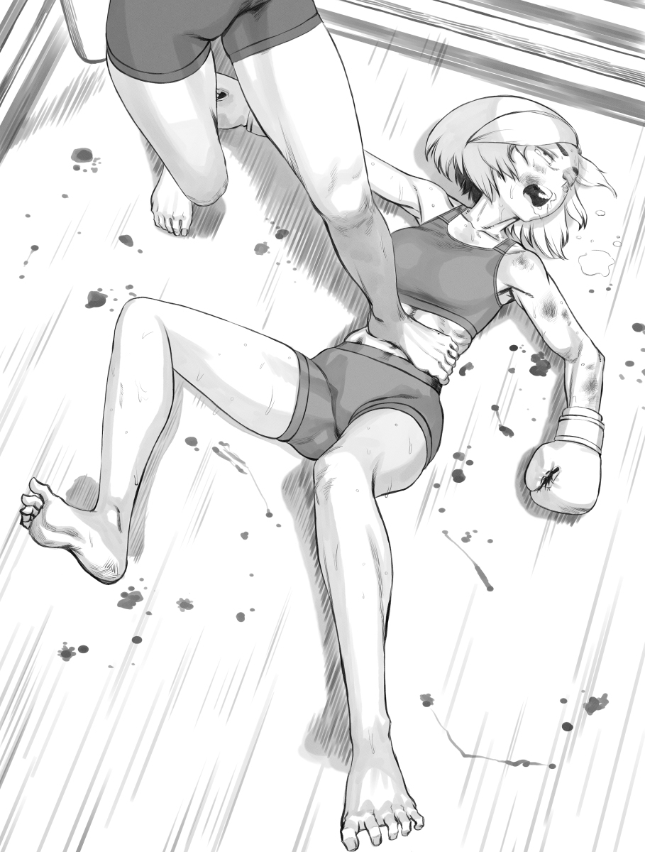 2girls barefoot boxing commission defeat femdom highres multiple_girls original pixiv_commission punching rggr ryona soles stomach_punch tagme