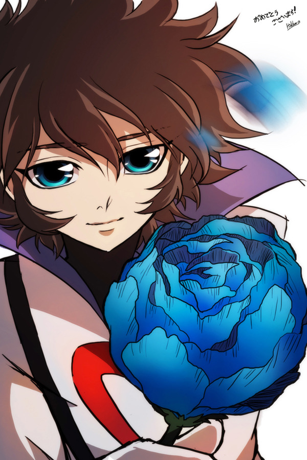1boy blue_flower blue_rose bodysuit brown_hair casshern casshern_(series) casshern_sins closed_mouth commentary_request flower hair_between_eyes holding holding_flower long_bangs looking_at_viewer male_focus messy_hair nattou-toufu popped_collar rose short_hair simple_background smile solo translation_request upper_body white_background white_bodysuit