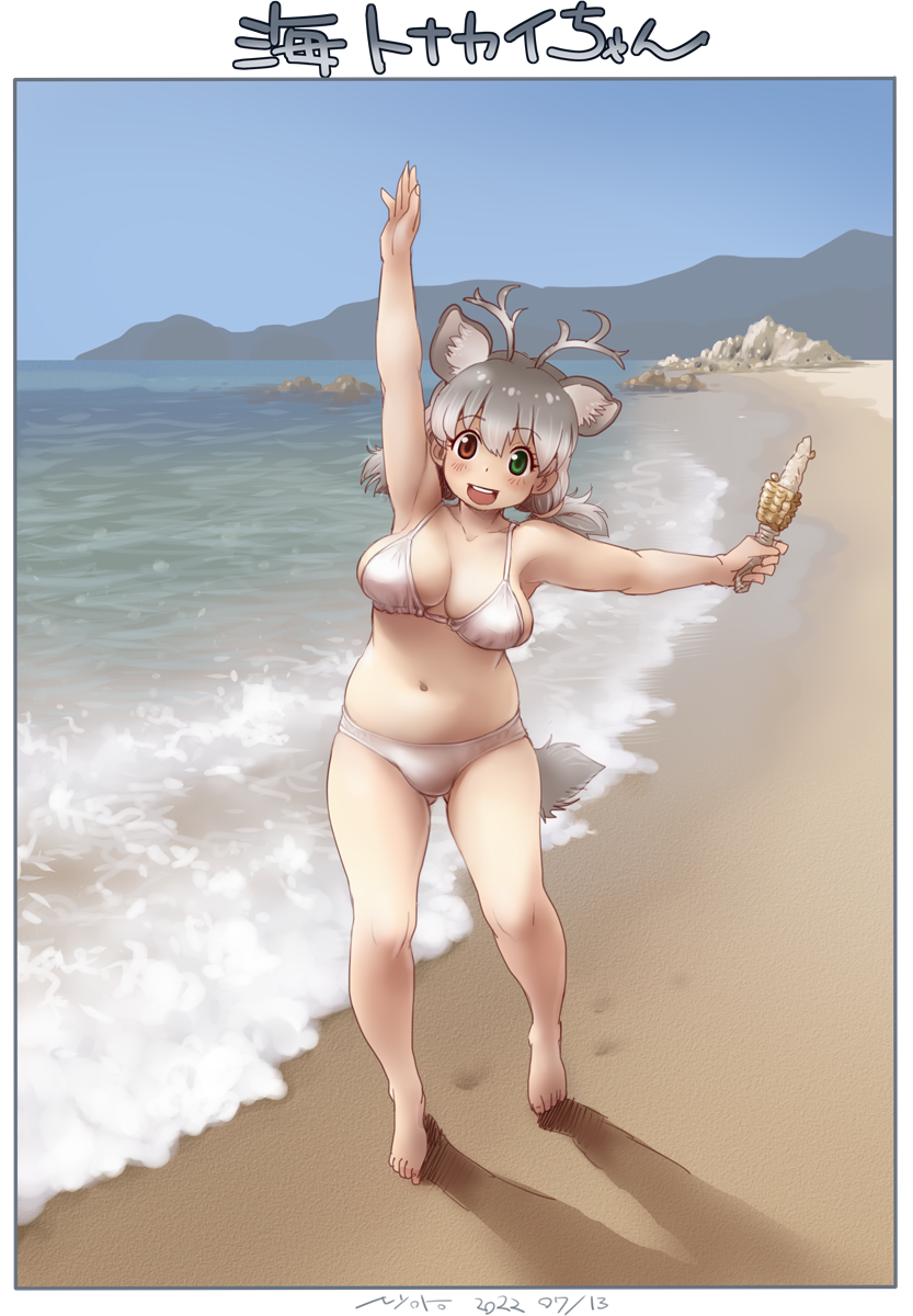 1girl animal_ears antlers beach bikini breasts collarbone corn corn_cob day deer_ears deer_girl deer_tail green_eyes grey_hair heterochromia highres horns kemono_friends large_breasts looking_at_viewer medium_hair navel nyororiso_(muyaa) plump red_eyes reindeer_(kemono_friends) reindeer_antlers reindeer_girl solo swimsuit tail translation_request white_bikini