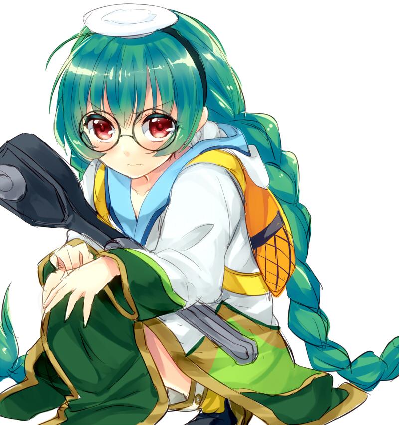 1girl ahoge artist_request blush braid check_artist collarbone dress female_focus glasses green_hair hairband hand_on_own_knee long_hair long_sleeves looking_at_viewer maru_eda maruki_(punchiki) ole_tower red_eyes simple_background socket_wrench socket_wrench_(ole_tower) solo squatting twin_braids very_long_hair white_background
