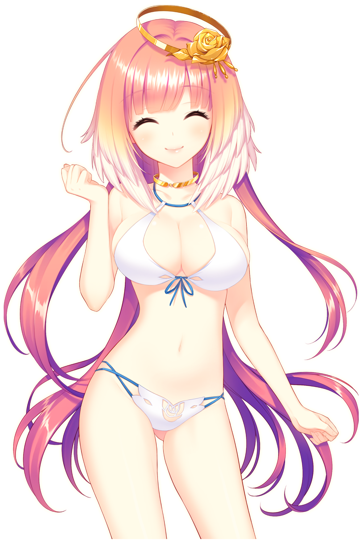 1girl bikini breasts closed_eyes floral_print gluteal_fold golden_rose hair_ornament highres large_breasts long_hair official_art pink_hair rose_print selena_(soccer_spirits) shirahane_nao smile soccer_spirits stomach swimsuit transparent_background white_bikini