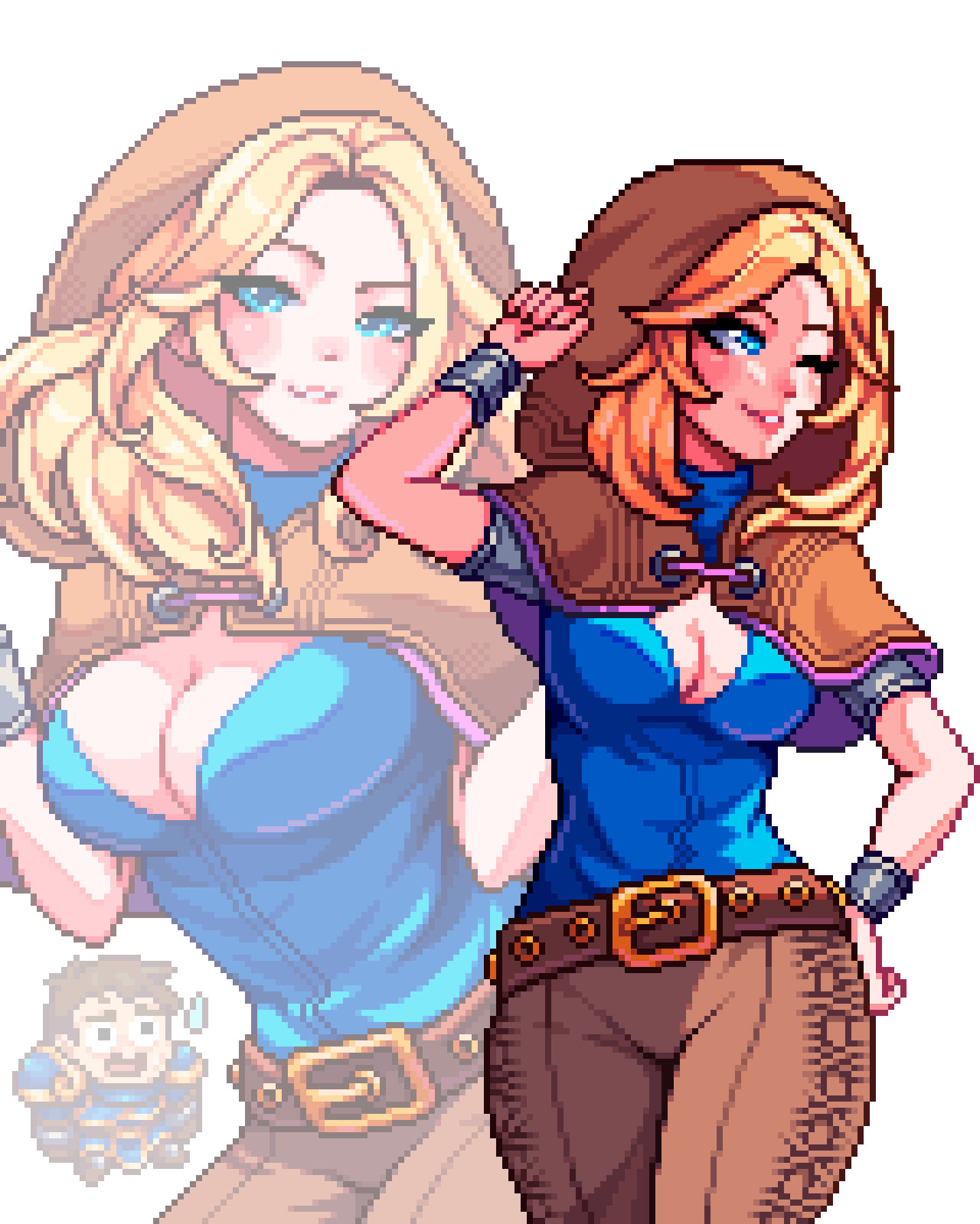 1boy 1girl aseprite_(medium) belt blonde_hair blue_eyes breasts character_request cleavage commentary english_commentary hand_on_own_hip highres hood large_breasts league_of_legends lux_(league_of_legends) multiple_views one_eye_closed parted_lips pixel_art simple_background spellthief_lux sweatdrop white_background yumykon
