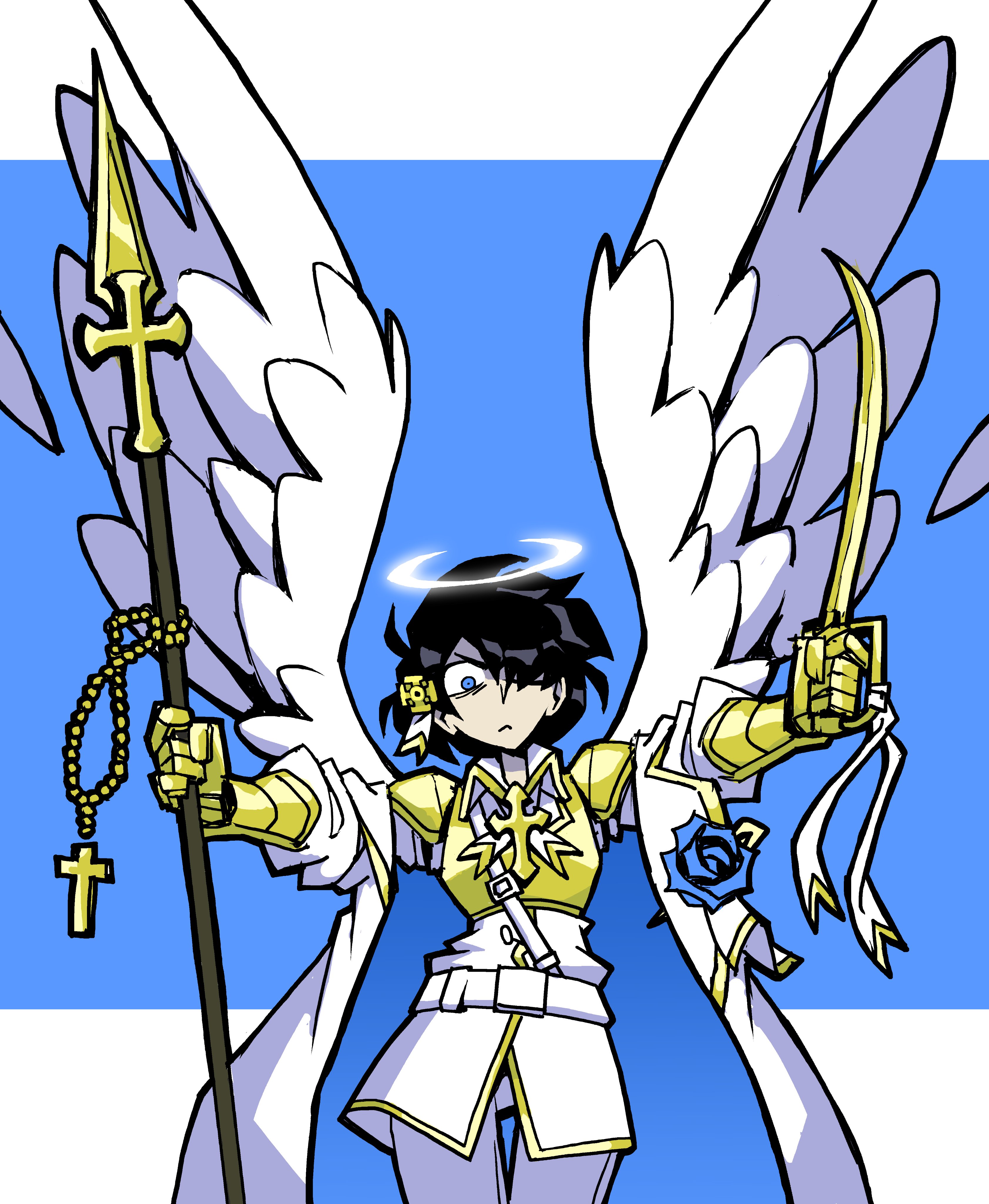 1girl absurdres angel_wings archangel_(helltaker) black_hair blue_eyes coat cross cross_necklace dual_wielding halo helltaker highres holding holding_polearm holding_sword holding_weapon jewelry long_coat necklace no_headwear polearm scimitar solo spear sword vanripper weapon white_coat wings