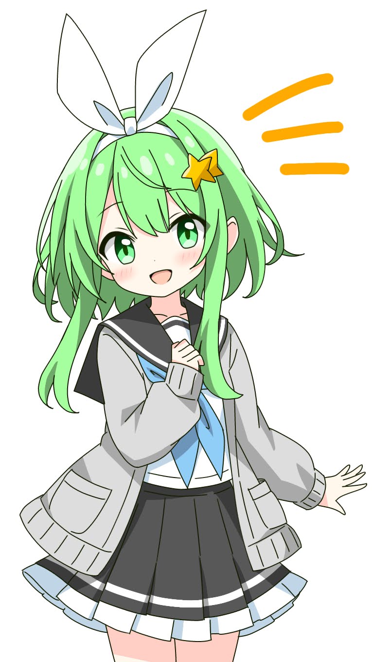 1girl :d black_sailor_collar black_skirt blue_neckerchief blush bow collarbone commentary_request cowboy_shot dot_nose frilled_skirt frills green_eyes green_hair grey_jacket hair_bow hair_ornament highres jacket kotatsu-mazoku neckerchief notice_lines open_clothes open_jacket open_mouth original pleated_skirt sailor_collar school_uniform serafuku shirt shooting_star_hair_ornament short_hair sidelocks simple_background skirt smile solo star_(symbol) star_hair_ornament white_background white_bow white_shirt