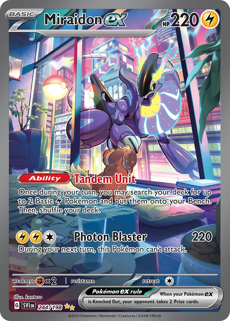 akikan_(kantaro) artist_name black_sclera building card_(medium) chair character_name city colored_sclera company_name copyright_name copyright_notice cup dachsbun english_text floating from_behind looking_inside looking_outside miraidon night nintendo no_humans non-humanoid_robot official_art open_mouth pillow plant poke_ball_theme pokemon pokemon_(creature) pokemon_card pokemon_focus pokemon_tcg potted_plant robot robot_dragon third-party_source trading_card window yellow_eyes