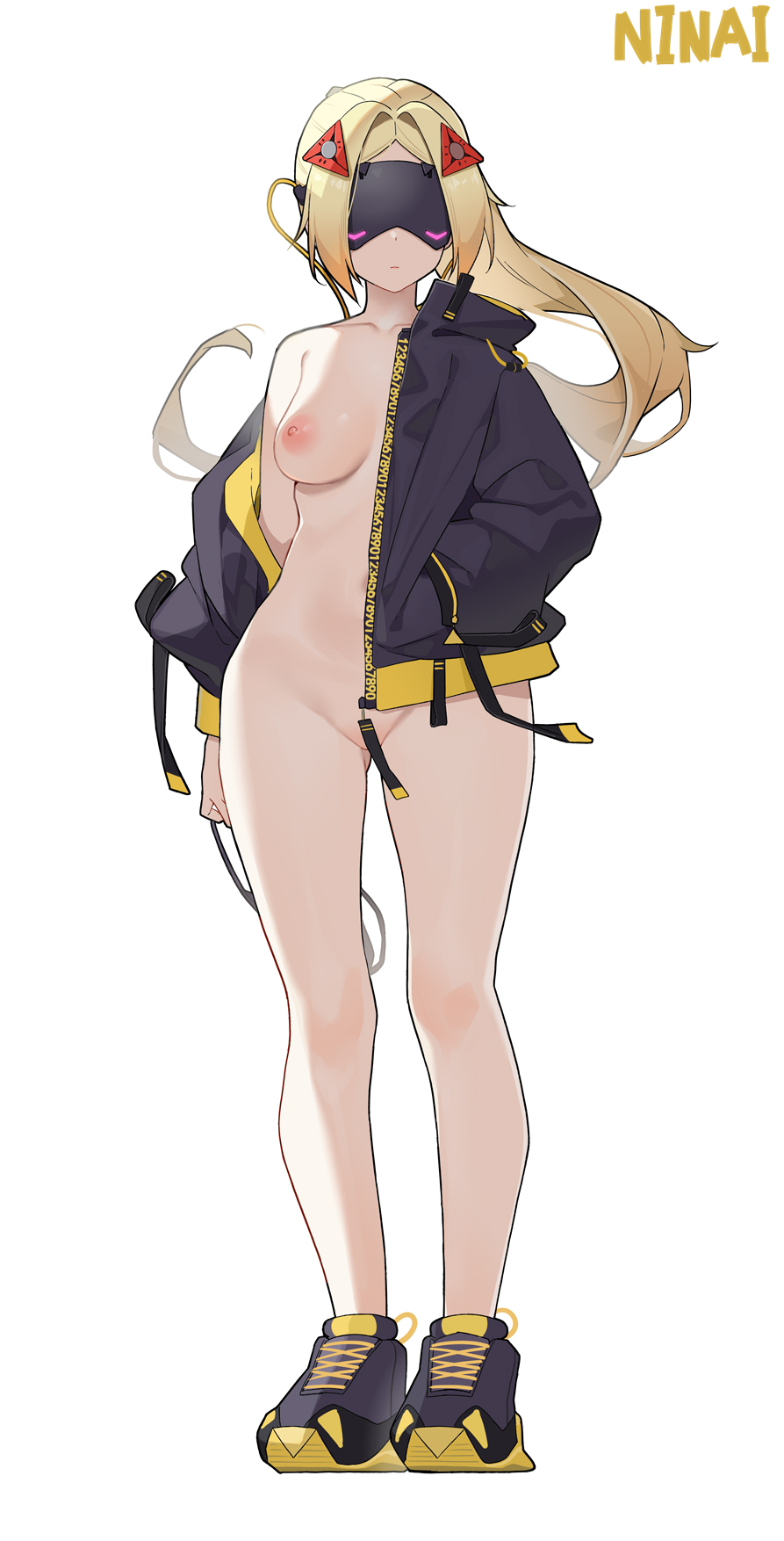 1girl bare_shoulders black_jacket black_shrug blindfold blonde_hair covered_eyes eye_mask full_body hair_ornament hairclip highres jacket long_hair ninai nipples no_bra no_panties open_clothes open_jacket shoes shrug_(clothing) sneakers trigger_(zenless_zone_zero) zenless_zone_zero zipper_pull_tab