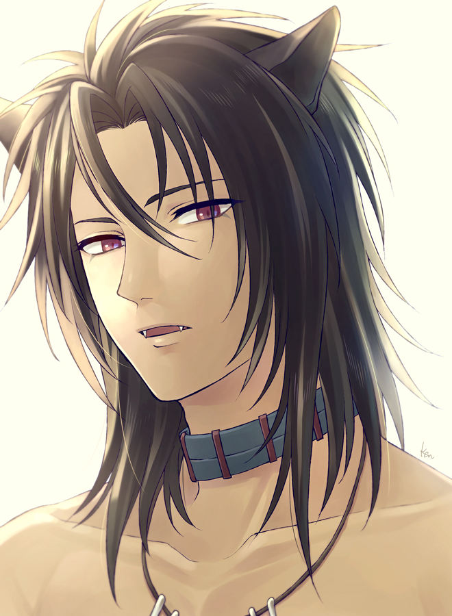1boy akke animal_ears collarbone commentary_request fangs fire_emblem fire_emblem:_radiant_dawn jewelry laguz_(fire_emblem) looking_at_viewer male_focus medium_hair necklace nintendo parted_lips portrait simple_background solo volug_(fire_emblem) wolf_boy wolf_ears