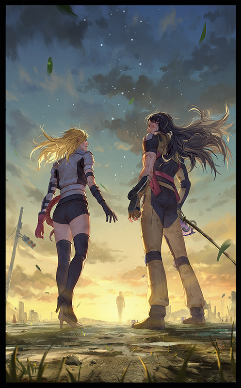 1girl 2boys aleph_(megami_tensei) black_footwear black_hair blonde_hair bodysuit boots floating_hair from_behind full_body gloves hiroko_(megami_tensei) holding holding_sword holding_weapon holster jacket katana knee_pads light_particles long_hair looking_at_another lucifer_(megami_tensei) multiple_boys o_c_x orange_gloves shin_megami_tensei shin_megami_tensei_ii shoulder_pads sword thigh_boots very_long_hair weapon whip white_jacket wrist_computer yellow_bodysuit