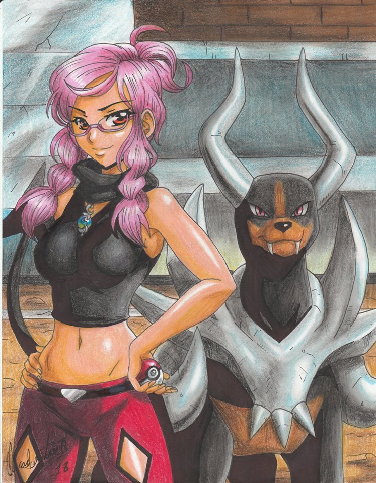 1girl 2018 armpits artist_name belt black_fur black_shirt bone brown_fur cowboy_shot crop_top dog fangs gen_2_pokemon glasses hand_on_own_hip holding holding_poke_ball horns houndoom indoors malva_(pokemon) mega_houndoom mega_pokemon mega_stone midriff navel nintendo pants pink_hair poke_ball pokemon pokemon_(creature) pokemon_xy ravernclouk_design red_eyes red_pants shirt sleeveless sleeveless_shirt smile snout standing traditional_media turtleneck