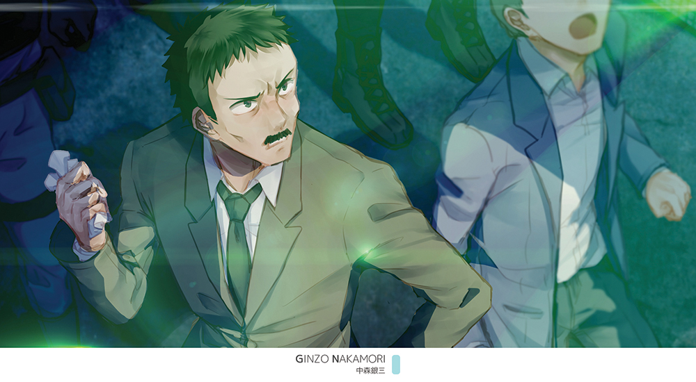 2boys brown_eyes brown_hair brown_jacket character_name collared_shirt facial_hair from_above green_neckwear hand_on_own_hip holding jacket long_sleeves magic_kaito male_focus monicanc multiple_boys mustache nakamori_ginzo necktie shirt solo_focus upper_body white_shirt wing_collar