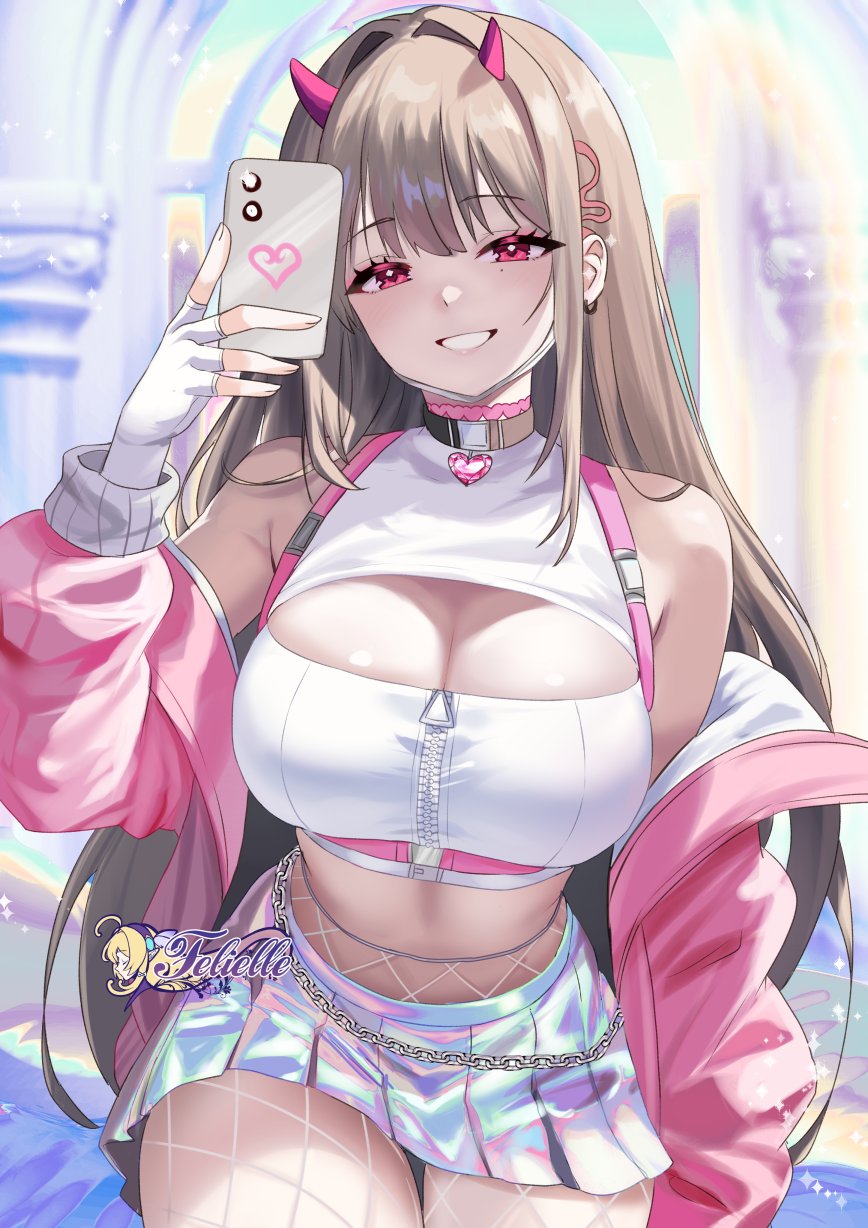 1girl artist_logo bell belt black_belt blue_skirt blurry blurry_background blush breasts brown_hair cellphone chain choker cleavage cleavage_cutout clothing_cutout commentary commission demon_horns earrings english_commentary eyeshadow felielle fingerless_gloves fishnet_pantyhose fishnets gloves goddess_of_victory:_nikke gradient_clothes gradient_skirt grin hair_intakes heart heart_choker heart_collar highres holding holding_phone horns jacket jewelry large_breasts logo long_hair long_sleeves looking_at_viewer makeup mole mole_under_eye neck_bell open_clothes open_jacket pantyhose phone pink_choker pink_eyes pink_eyeshadow pink_horns pink_jacket pleated_skirt shirt skirt smartphone smile solo thighs viper_(nikke) white_gloves white_shirt zipper zipper_pull_tab