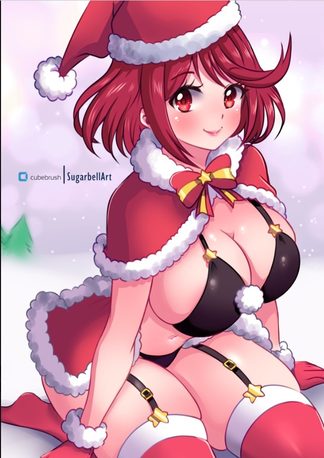 1girl arm_support black_bra black_panties blush bow bowtie bra breasts bubble_background cape capelet christmas cleavage fur-trimmed_cape fur-trimmed_capelet fur-trimmed_gloves fur-trimmed_headwear fur_trim garter_belt garter_straps gloves grey_background hat large_breasts light_particles looking_at_viewer navel nintendo panties pom_pom_(clothes) pyra_(xenoblade) red_bow red_bowtie red_cape red_capelet red_eyes red_gloves red_hair red_hat red_theme red_thighhighs santa_costume santa_hat short_hair sitting smile snow star_(symbol) sugarbell thick_thighs thighhighs thighs tree underwear winter xenoblade_chronicles_(series) xenoblade_chronicles_2