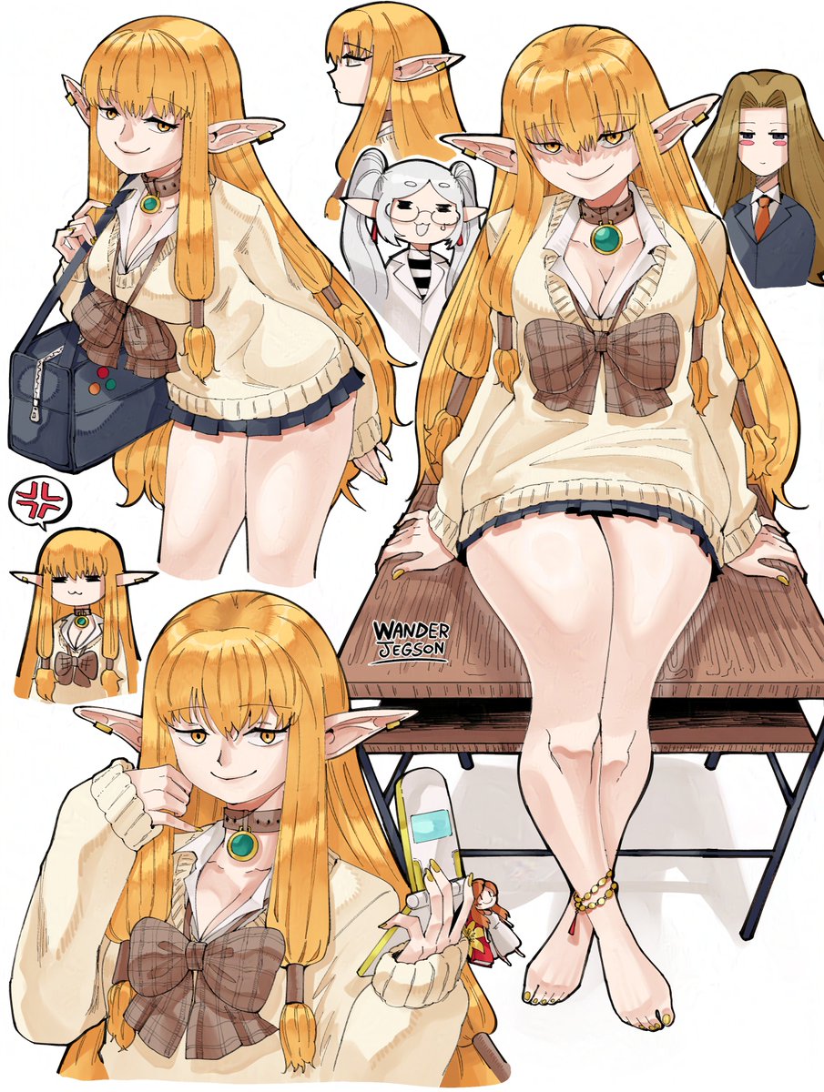 3girls :3 =_= anger_vein bag barefoot black_bag blonde_hair blue_jacket blue_suit blush bow breasts brown_bow brown_collar brown_hair cellphone cleavage collar collared_shirt contemporary desk earrings elf flip_phone formal_clothes frieren glasses hair_tubes highres holding holding_bag holding_phone jacket jewelry large_breasts leaning_forward long_hair looking_at_viewer methode_(sousou_no_frieren) multiple_girls multiple_views nail_polish necktie on_desk partially_shaded_face phone plaid_bow pleated_skirt pointy_ears red_necktie serie_(sousou_no_frieren) shirt sidelocks sitting skirt smug sousou_no_frieren spoken_anger_vein suit sweater thighs twintails wanderjegson white_hair white_shirt white_sweater yellow_eyes yellow_nails zipper zipper_pull_tab
