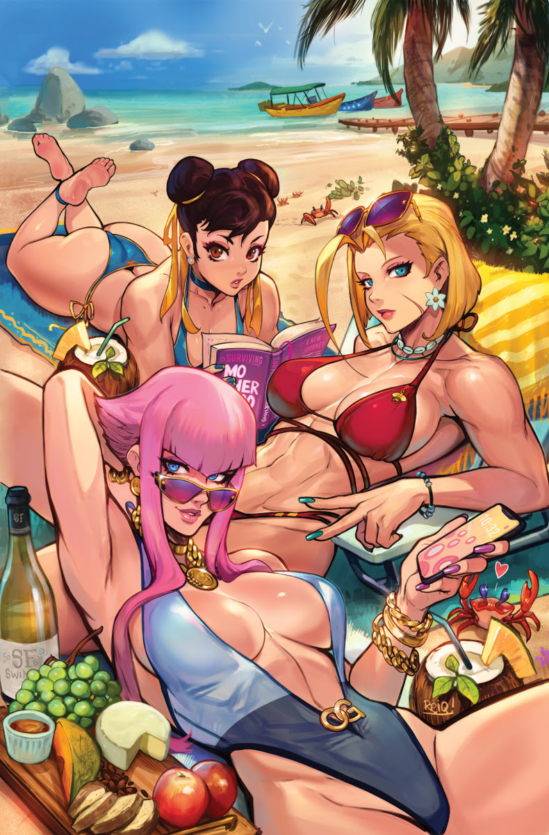 3girls abs alcohol apple armpits ass barefoot beach bikini blonde_hair boat book bracelet bread breasts brown_hair cammy_white capcom cellphone cheese choker chun-li cleavage coconut crab earrings fingernails food fruit gold gold_bracelet gold_trim grapes heart highres jewelry large_breasts lipstick long_fingernails long_hair makeup manon_legrand multiple_girls nail_polish navel ocean phone pink_hair reiq smartphone street_fighter sunglasses sunglasses_on_head swimsuit toned udon_entertainment watercraft wine