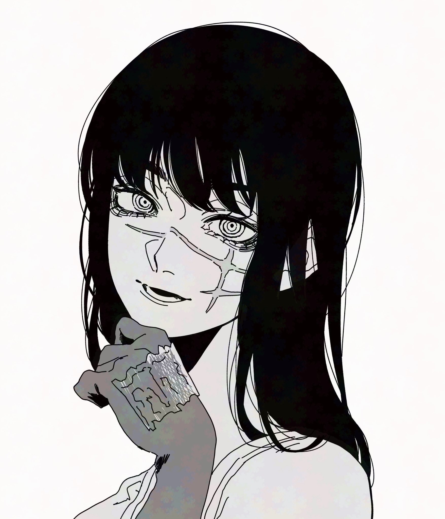 1girl chainsaw_man elbow_gloves facial_scar gloves greyscale haru_rice highres long_hair looking_at_viewer lower_teeth_only monochrome open_mouth ringed_eyes scar scar_on_cheek scar_on_face solo tank_top teeth yoru_(chainsaw_man)