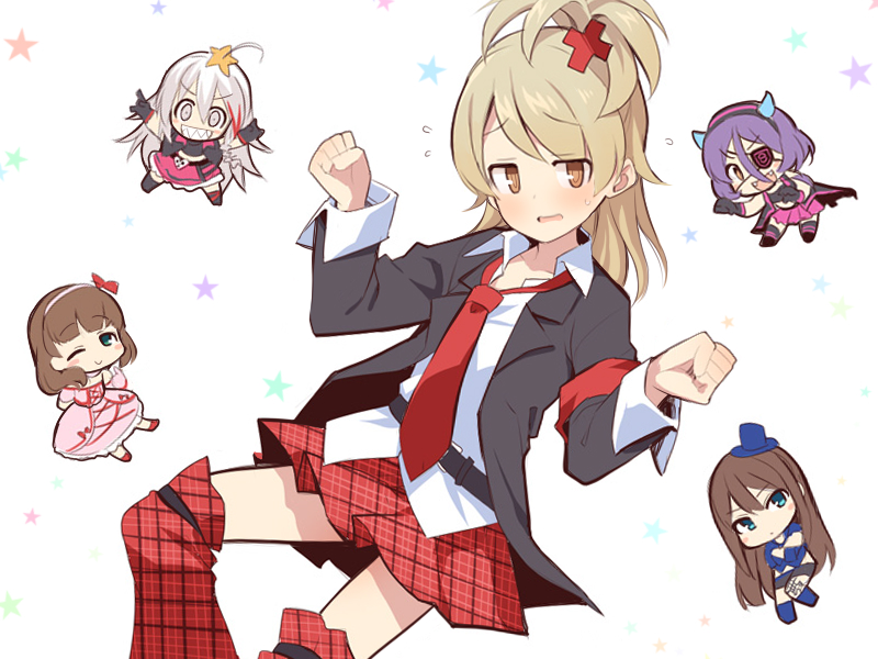 5girls :d armband belt belt_buckle black_belt black_gloves black_jacket blazer blue_eyes blush brown_eyes brown_hair buckle collared_shirt cosplay dress fangs gloves grey_eyes grin hayasaka_mirei hinamori_amu hinamori_amu_(cosplay) hoshi_syoko idolmaster idolmaster_cinderella_girls jacket long_sleeves mini_person minigirl morikubo_nono multicolored_hair multiple_girls necktie open_clothes open_jacket open_mouth over-kneehighs pink_dress pink_skirt plaid_clothes plaid_legwear plaid_skirt pleated_skirt ponytail puffy_short_sleeves puffy_sleeves purple_hair red_eyes red_hair red_necktie red_skirt revision sakuma_mayu sharp_teeth shibuya_rin shirt short_sleeves shugo_chara! simple_background skirt smile streaked_hair sweat teeth thighhighs uccow unmoving_pattern wavy_mouth white_background white_hair white_shirt