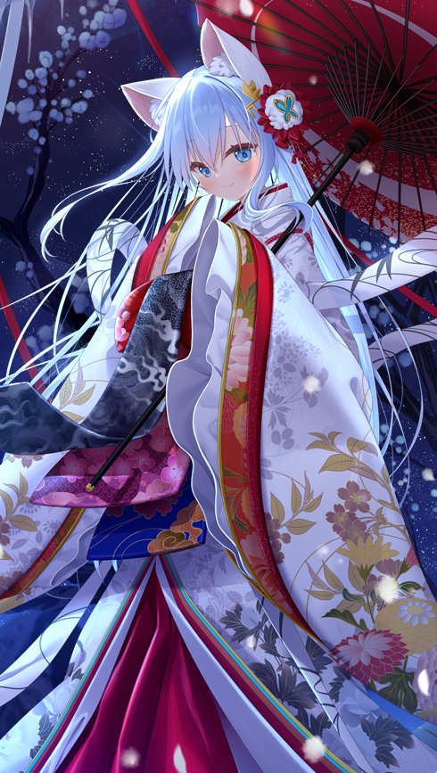 1girl animal_ear_fluff animal_ears bare_tree blue_eyes blue_hair cat_ears closed_mouth floral_print flower hair_flower hair_ornament japanese_clothes kimono long_hair mint_(uchi_no_pet_jijou) multicolored_kimono night night_sky oil-paper_umbrella red_flower sky solo tree uchi_no_pet_jijou umbrella white_kimono wide_sleeves yano_mitsuki_(nanairo)