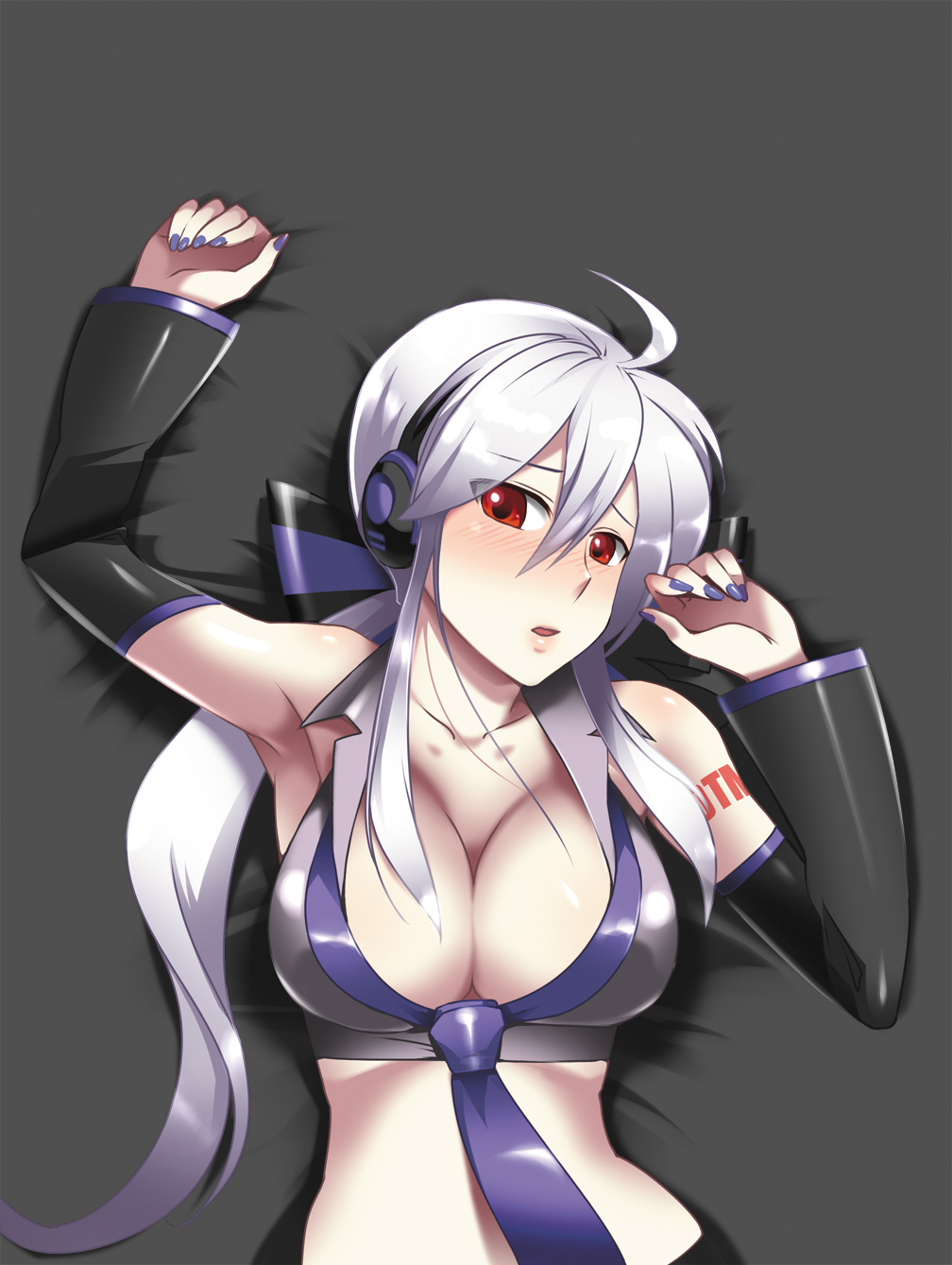 1girl ahoge armpits blush breasts caffein center_opening cleavage detached_sleeves female_focus front-tie_top halterneck headphones highres large_breasts long_hair lying midriff nail_polish necktie on_back ponytail purple_nails red_eyes silver_hair solo vocaloid yowane_haku