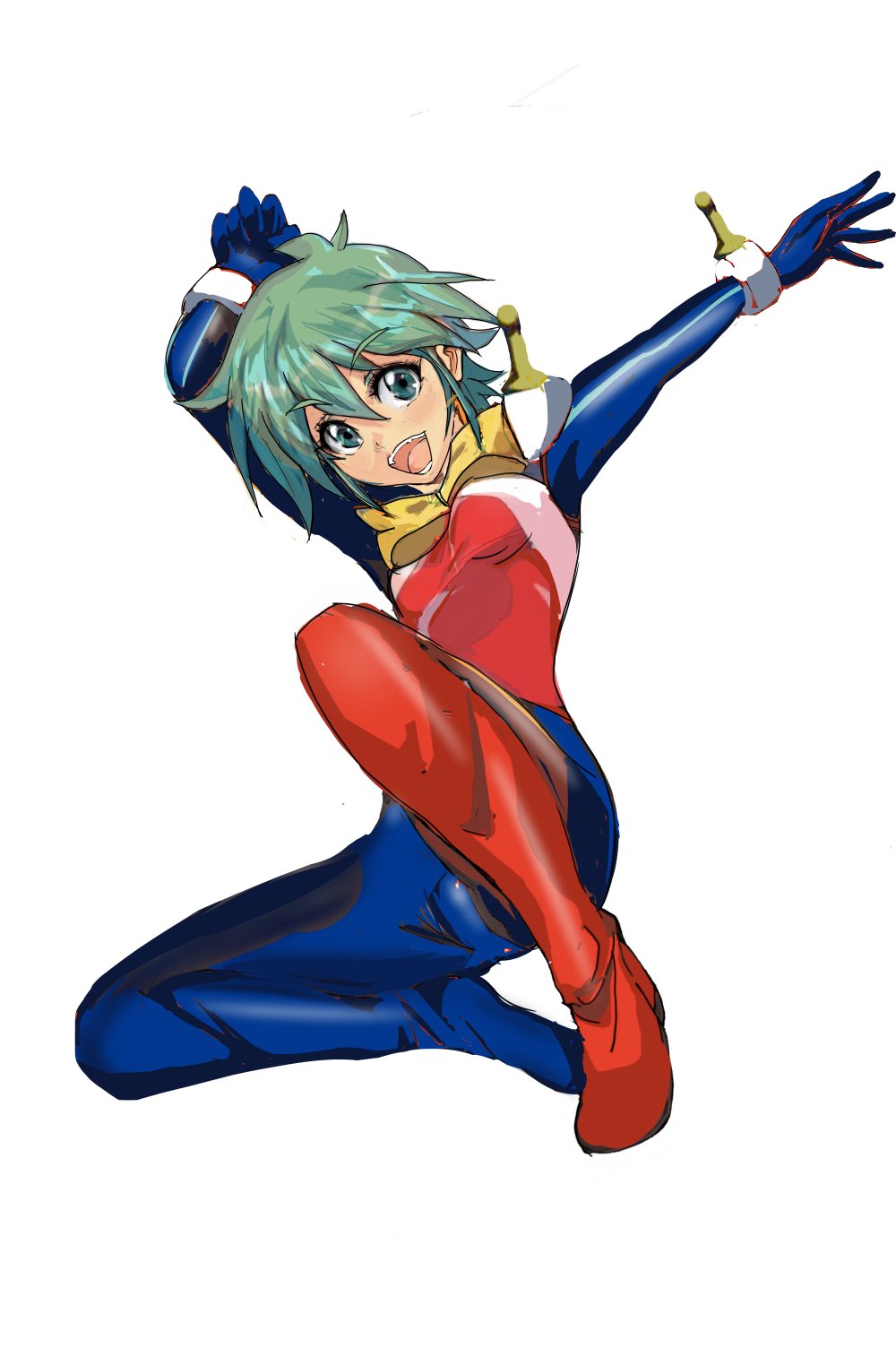 1girl allenby_beardsley artist_request blue_bodysuit bodysuit g_gundam gundam highres impossible_bodysuit impossible_clothes mecha_pilot_suit mobile_trace_suit multicolored_bodysuit red_bodysuit short_hair skin_tight smile solo turtleneck turtleneck_bodysuit