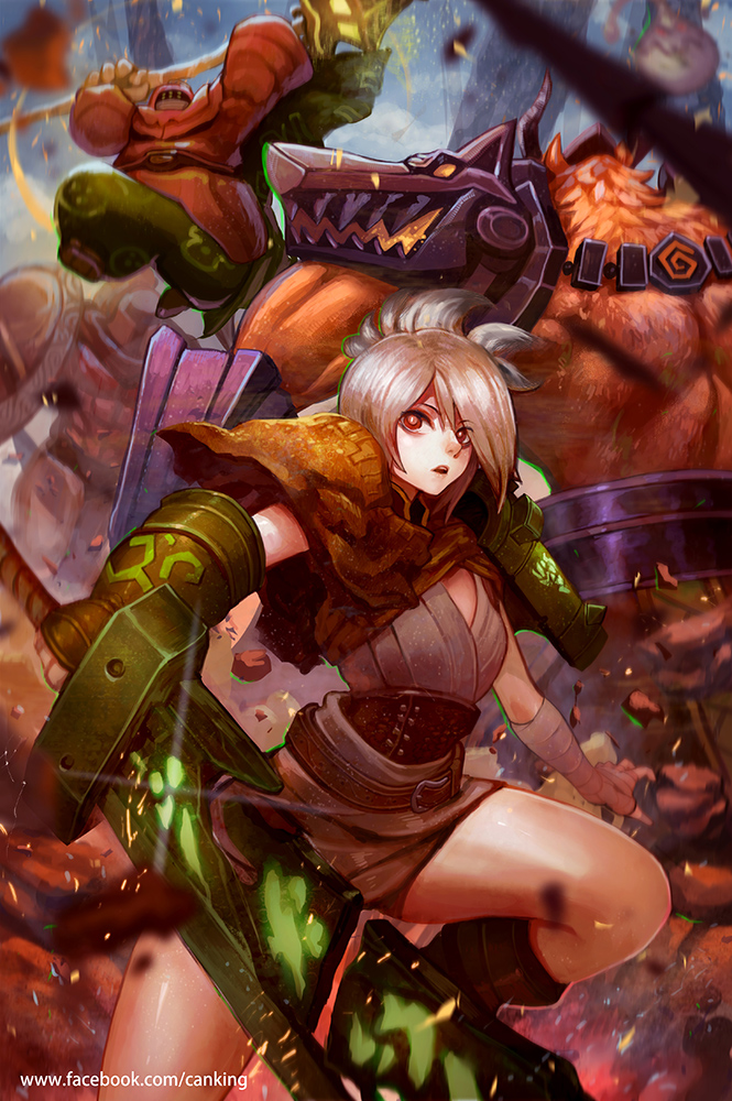 1girl 4boys armor belt boots canking gauntlets helmet horns jax_(league_of_legends) lamppost league_of_legends multiple_boys muscular nasus open_mouth pantheon_(league_of_legends) pauldrons red_eyes riven_(league_of_legends) shield short_hair shoulder_armor silver_hair sword thighs weapon zac_(league_of_legends)