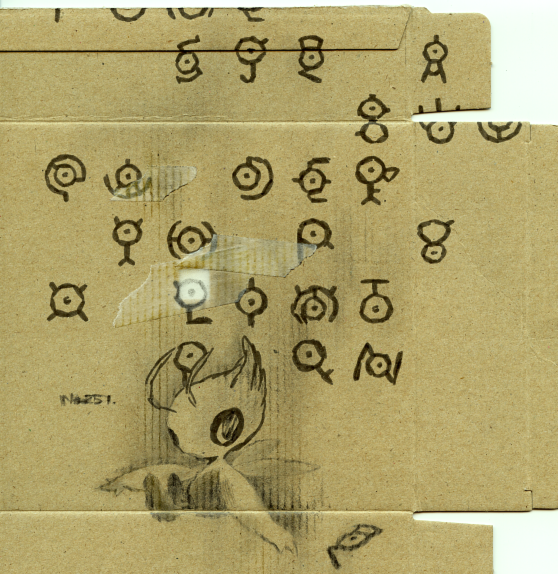 1990s_(style) cardboard celebi gen_2_pokemon kameko legendary_pokemon mythical_pokemon nintendo no_humans photo_(medium) pokemon pokemon_(creature) pokemon_gsc retro_artstyle unown unown_a unown_b unown_c unown_d unown_e unown_f unown_g unown_h unown_i unown_j unown_l unown_m unown_n unown_o unown_q unown_r unown_s unown_t unown_u unown_v unown_w unown_x unown_y unownglyphics