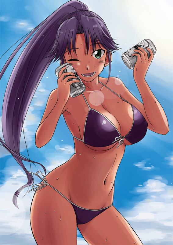 1girl alcohol asuka_(dream_c_club_zero) beer bikini breasts can can_to_cheek cleavage curvy dark-skinned_female dark_skin day dream_c_club dream_c_club_(series) dream_c_club_zero female_focus front-tie_top green_eyes groin hisakabe_oto large_breasts lens_flare long_hair narrow_waist one_eye_closed outdoors ponytail purple_bikini purple_hair side-tie_bikini_bottom sideboob smile solo strap_gap swimsuit tan underboob wink