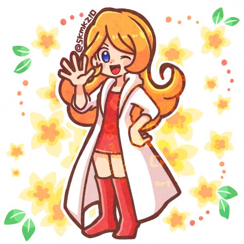 1girl ;d blue_eyes boots coat dress full_body long_hair looking_at_viewer lowres mona_(warioware) nintendo one_eye_closed open_clothes open_coat open_mouth orange_hair red_boots red_dress skmkz10 smile solo thigh_boots twitter_username warioware white_coat