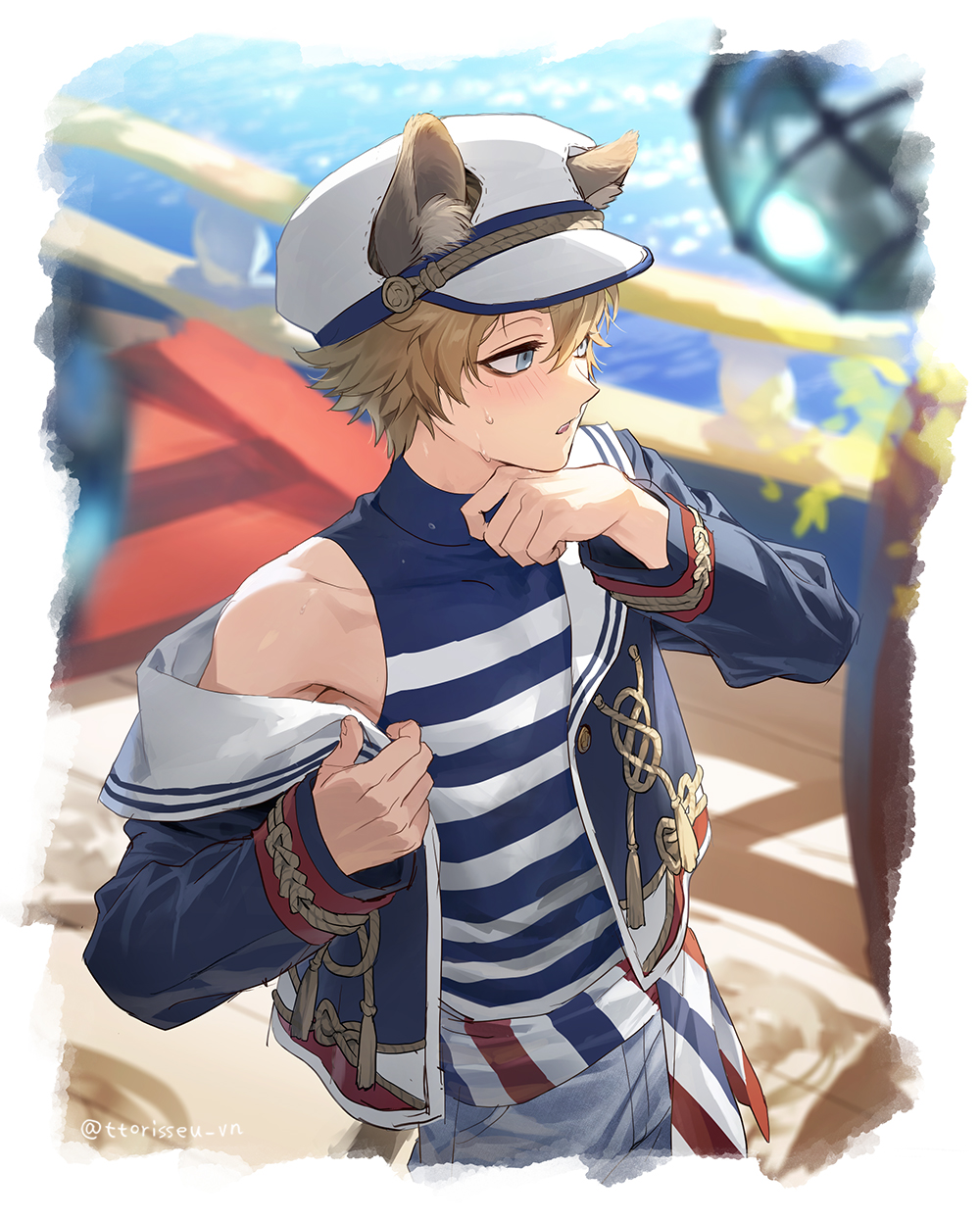 1boy animal_ear_fluff animal_ears blonde_hair blue_eyes blue_shirt blurry blurry_background blush boat border commentary cowboy_shot hand_on_own_face hat highres jacket jacket_on_shoulders looking_to_the_side male_focus multicolored_jacket ocean open_mouth pants railing ruggie_bucchi sailor_hat sash ship_deck shirt single_bare_shoulder sleeveless sleeveless_shirt solo stairs striped_clothes striped_sash striped_shirt sweat sweatdrop symbol-only_commentary ttorisseu_vn twisted_wonderland water watercraft white_border white_hat white_pants