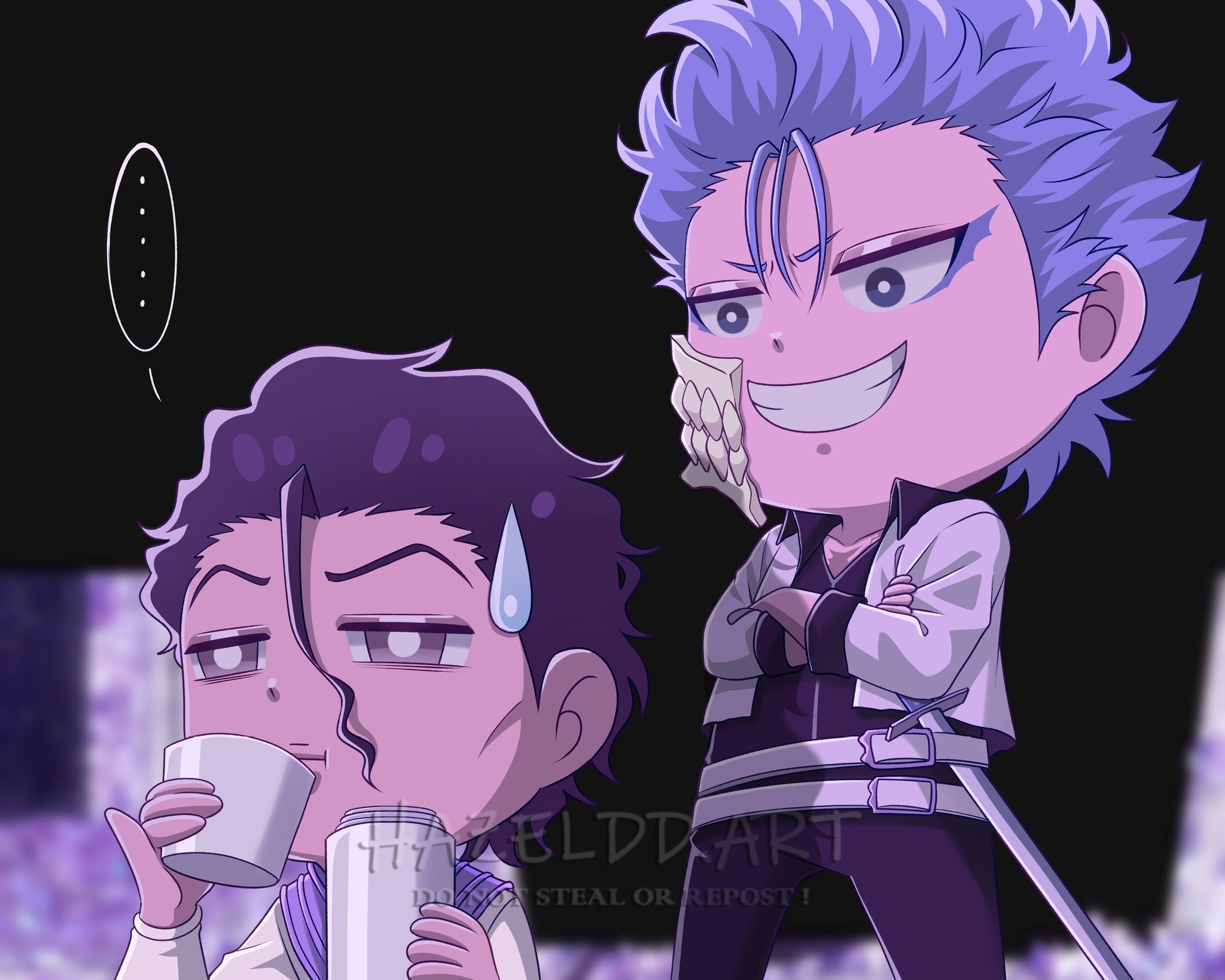 ... 2boys :d :t artist_name askin_nakk_le_vaar belt black_hair black_shirt bleach bleach:_sennen_kessen-hen blue_eyes blue_hair blurry blurry_background bright_pupils brown_eyes chibi chibi_only closed_mouth collared_shirt commentary cowboy_shot crossed_arms cup evil_grin evil_smile frown grimmjow_jaegerjaquez grin hair_between_eyes hand_up hazeldd_art highres holding holding_cup jacket jitome long_sleeves looking_at_another male_focus multiple_boys night open_clothes open_jacket open_mouth outdoors pinky_out shirt short_hair smile speech_bubble spiked_hair spoken_ellipsis standing sweatdrop symbol-only_commentary v-shaped_eyebrows white_belt white_jacket white_pupils wide-eyed