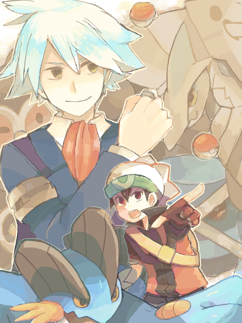 00s 2boys aggron backpack bag bandana black_hair brendan_(pokemon) brendan_(pokemon_emerald) claydol fingerless_gloves gen_2_pokemon gen_3_pokemon gloves hat jewelry kawa_sumi male_focus metagross multiple_boys nintendo open_mouth poke_ball pokemon pokemon_(creature) pokemon_rse ring silver_hair skarmory steven_stone swampert tegaki