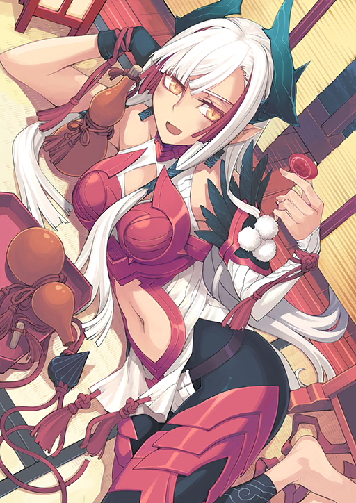 1girl :d animal armor armored_leotard asymmetrical_sleeves bare_shoulders barefoot black_gloves black_leggings blunt_sidelocks boobplate breastplate breasts cleavage_cutout clothing_cutout cork cup detached_sleeves drink dutch_angle earrings fate/grand_order fate_(series) foot_out_of_frame game_cg gloves gourd head_rest heattech_leotard holding holding_cup horns jewelry kiichi_hogen_(fate) leg_armor leggings leotard long_hair long_sidelocks long_sleeves lying medium_breasts navel navel_cutout official_art on_side oomori_aoi open_mouth orange_eyes pointy_ears pom_pom_(clothes) red_armor sakazuki sidelocks single_detached_sleeve single_glove smile solo swept_bangs tassel tatami third-party_source turtleneck white_leotard