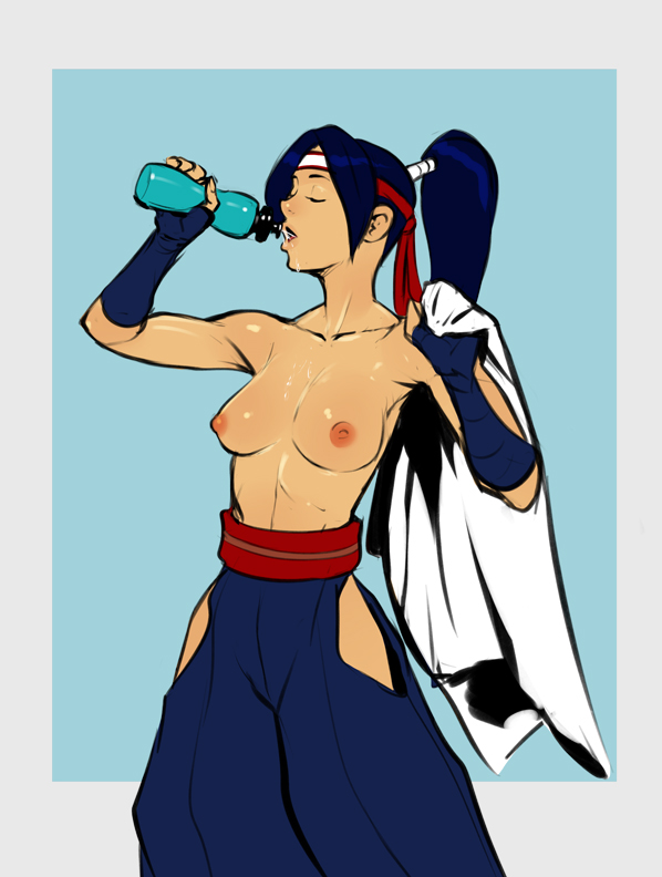 1girl blue_hair bottle breasts closed_eyes collarbone commission cowboy_shot drinking female_focus fingerless_gloves gloves hakama hakama_skirt headband hip_vent izra jacket japanese_clothes long_hair medium_breasts nipples ryuuko_no_ken shiny_skin skirt solo sweat the_king_of_fighters toned topless_female toudou_kasumi unworn_jacket water_bottle