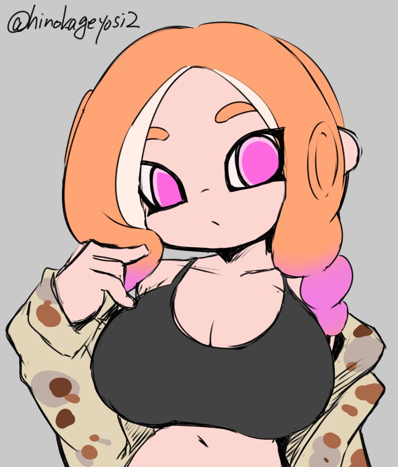 1girl black_sports_bra breasts camouflage camouflage_shirt cleavage collarbone drill_hair gradient_hair grey_background large_breasts long_hair long_sleeves looking_at_viewer miyazero multicolored_hair nintendo octoling octoling_girl octoling_player_character octopus_girl off-shoulder_shirt off_shoulder open_clothes open_shirt orange_hair pink_eyes pink_hair pointy_ears shirt splatoon_(series) sports_bra standing suction_cups tentacle_hair two-tone_hair upper_body white_shirt