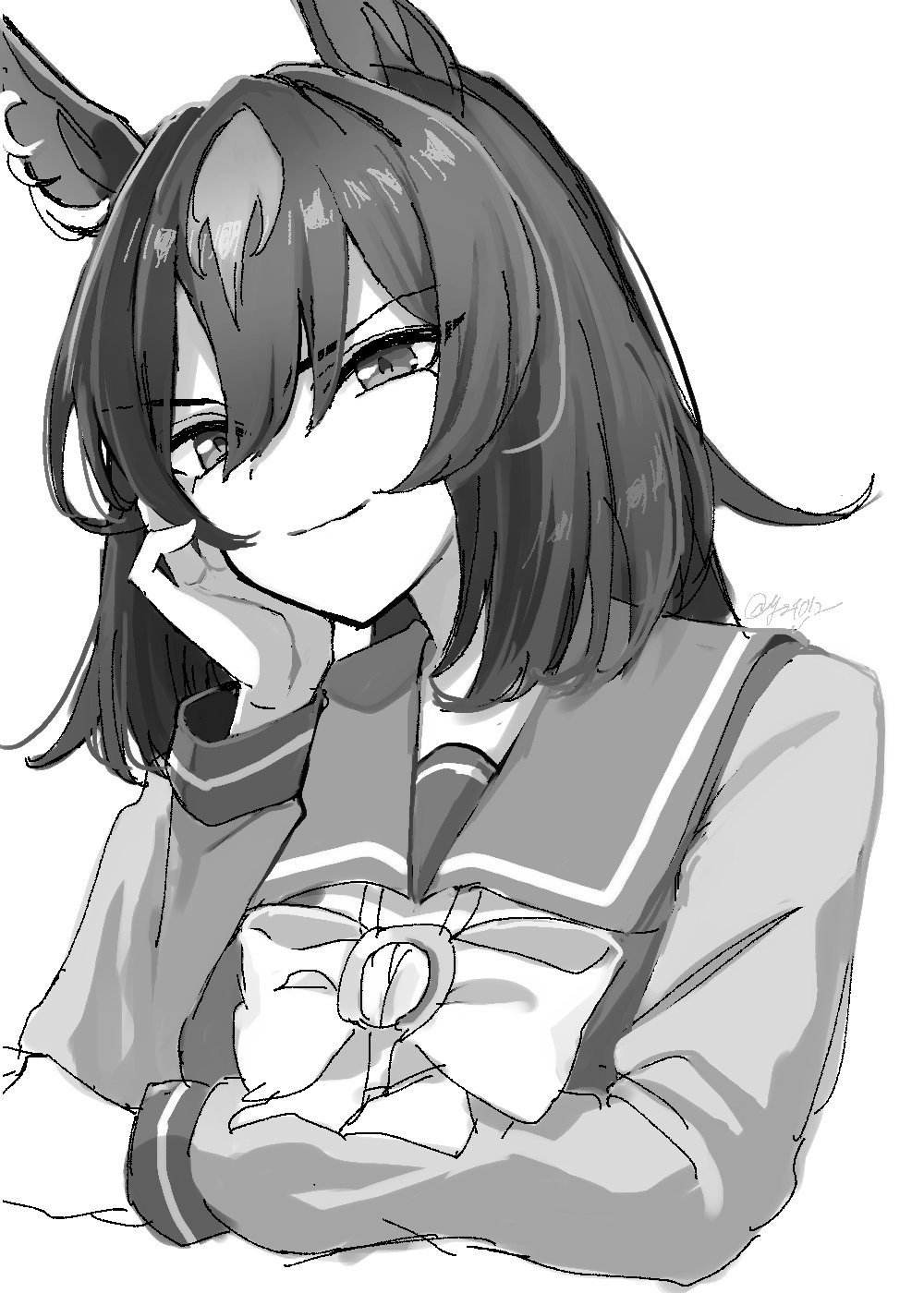 1girl animal_ears bow bowtie closed_mouth cropped_torso greyscale hair_between_eyes head_rest highres horse_ears jacket long_sleeves monochrome sailor_collar sirius_symboli_(umamusume) sketch smile solo toji_(y2toj2) track_jacket twitter_username umamusume upper_body v-shaped_eyebrows