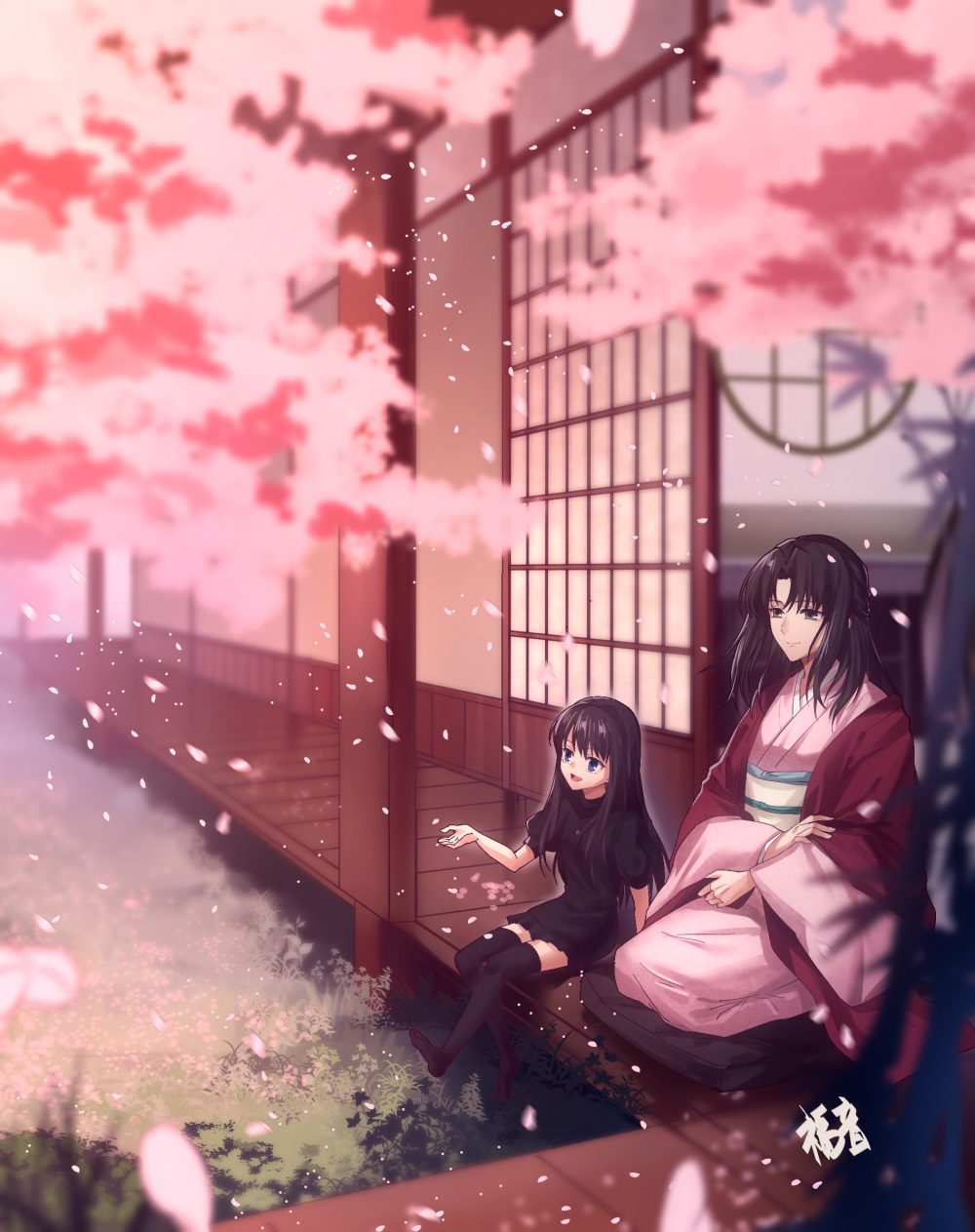 2girls black_dress black_hair black_legwear blue_eyes cherry_blossoms dress gogatsu_fukuin highres japanese_clothes kara_no_kyoukai kimono long_hair long_sleeves mother_and_daughter multiple_girls no_shoes open_mouth outdoors parted_bangs pillow pink_kimono ryougi_mana ryougi_shiki short_sleeves sitting smile thighhighs wide_sleeves