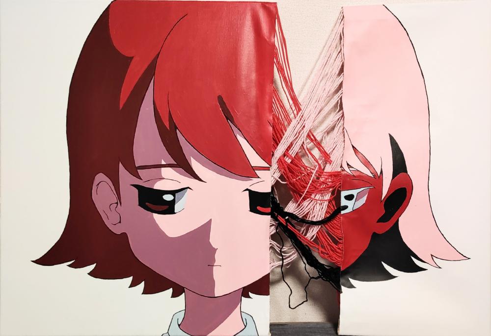1girl acrylic_gouache_(medium) acrylic_paint_(medium) artist_name averting_eyes canvas_(medium) close-up closed_mouth colored_skin facing_viewer half-closed_eyes inverted_colors looking_to_the_side momoe_(mme_daigaku) original painting_(medium) pink_hair portrait red_eyes red_hair red_skin shirt short_hair sideways_glance simple_background solo split_head straight-on surreal traditional_media unconventional_media white_background white_eyes white_shirt yarn
