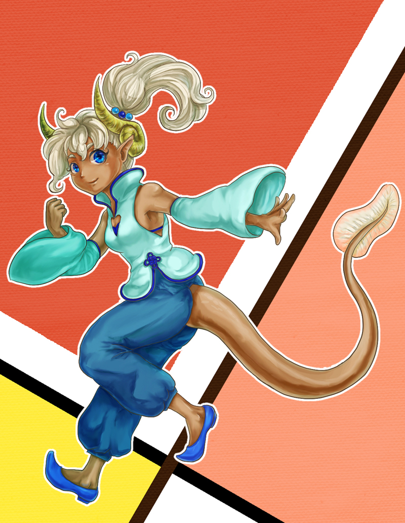 bare_shoulders blue_eyes dark-skinned_female dark_skin detached_sleeves eel_tail fins fish_tail hair_bobbles hair_ornament horns jewelry kuraba_(sokuseki_reset) long_hair looking_at_viewer looking_back original outstretched_arm pants pointy_ears ponytail sheep_horns shoes smile solo tail white_hair wide_sleeves